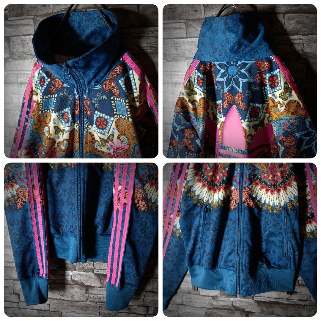 アディダスジャージ ピンクバックロゴ アート 蝶 花 ハイネック 刺繍ロゴ大きめ