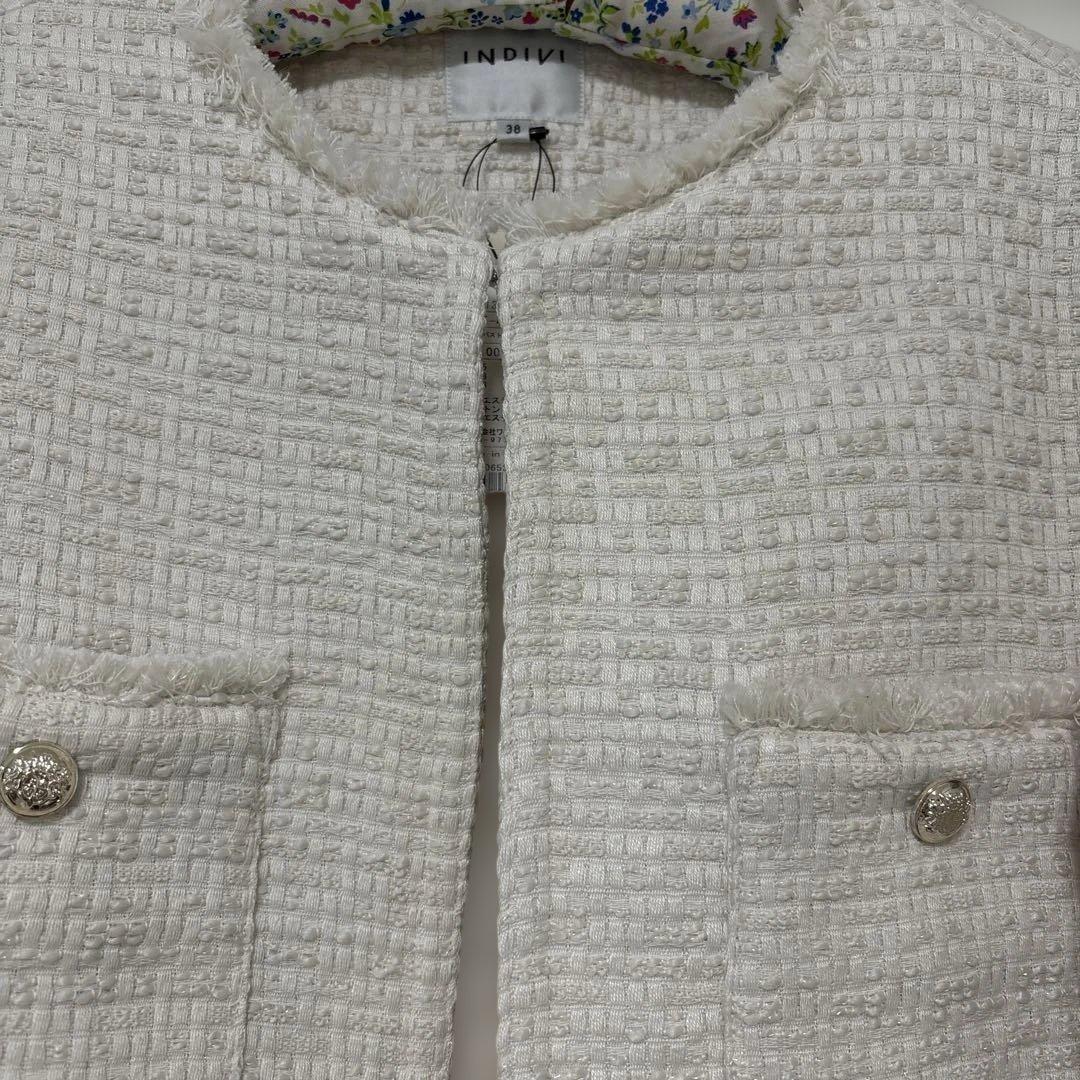 INDIVI ノーカラー　新品　ツイードジャケット ホワイト　セレモニー