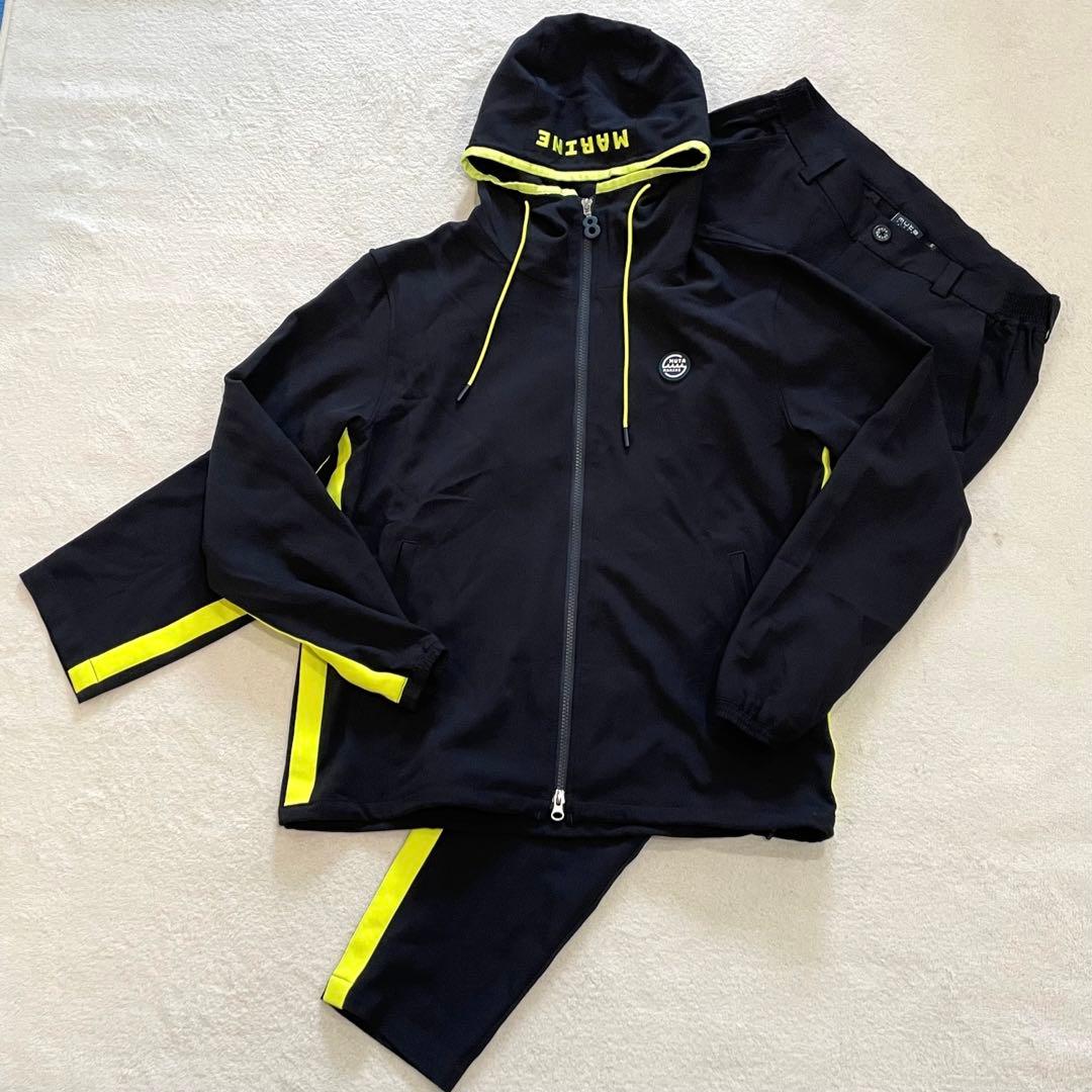 ムータマリン　セットアップ　ゴルフウェア　黒×黄　ストレッチ　ワッペン　フード