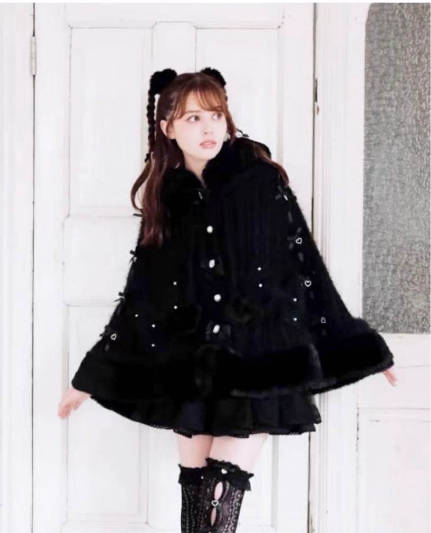 LIZLISA リズリサ ダブルリボンニットファーポンチョ　ブラック　黒