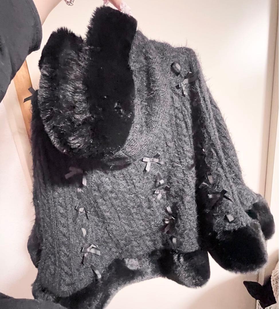 LIZLISA リズリサ ダブルリボンニットファーポンチョ　ブラック　黒