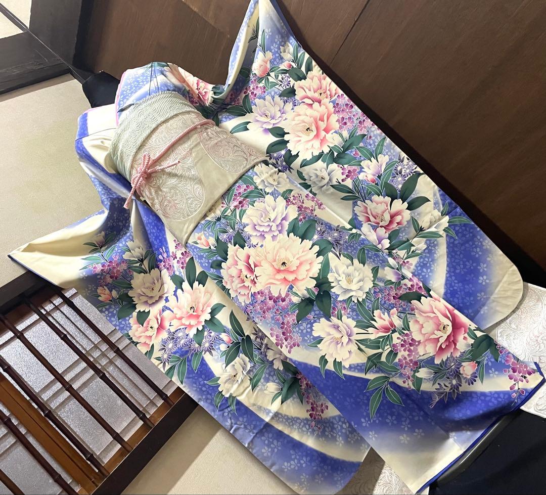 振袖 フルセット6点サイズM〜Ｌ枝花文　暈し染め　正絹