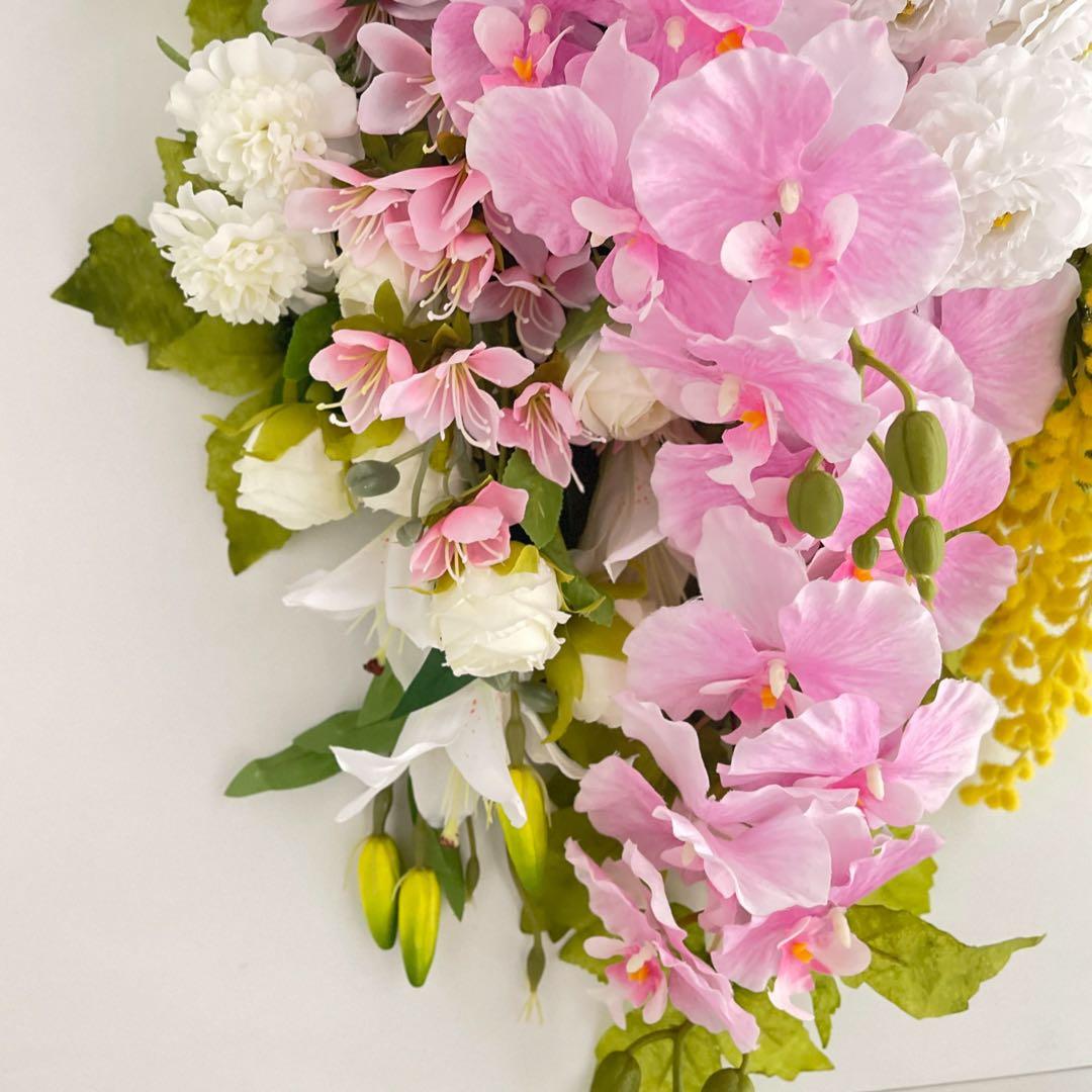 胡蝶蘭とミモザのスワッグ｜光触媒フラワー 特大83cm 春色フラワーリース