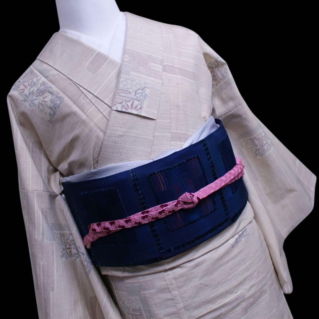 美品　ヱ霞に竹笹模様織り出し結城紬着物　石下/裄65 トールサイズ　生成りc81