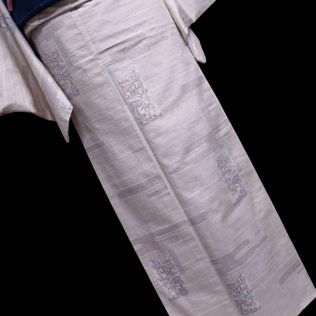 美品　ヱ霞に竹笹模様織り出し結城紬着物　石下/裄65 トールサイズ　生成りc81