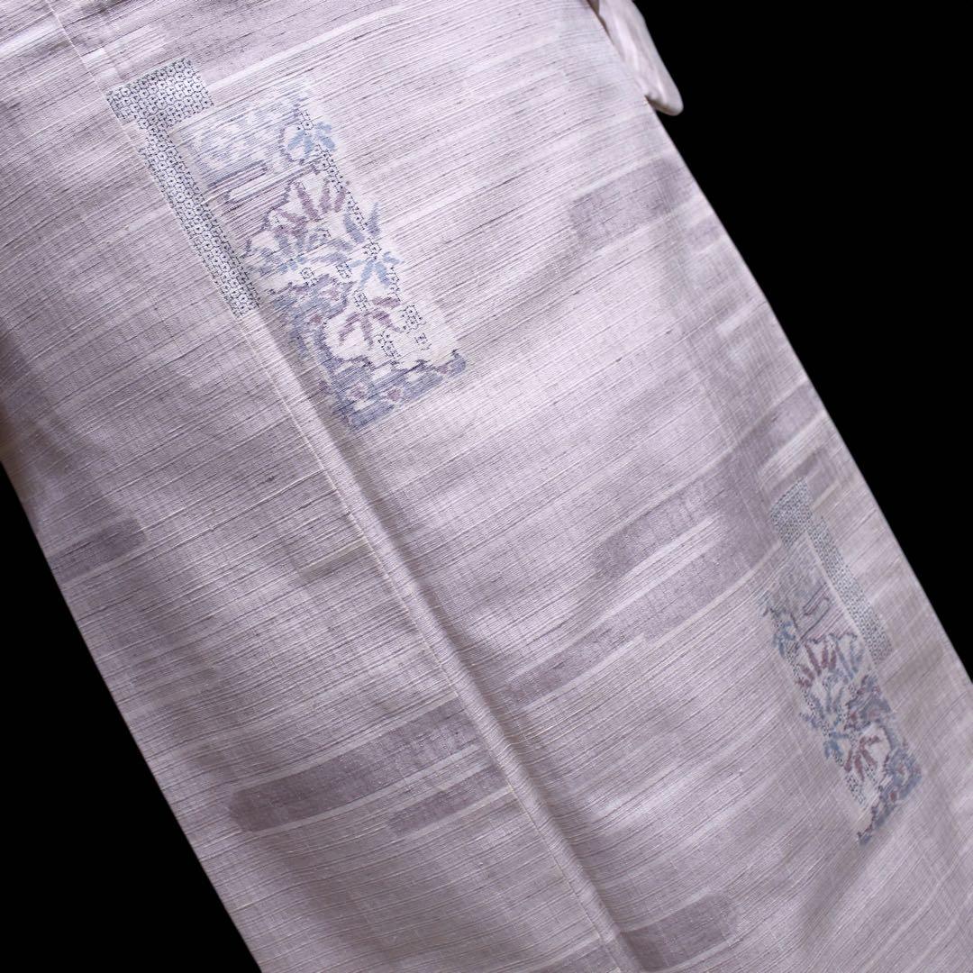 美品　ヱ霞に竹笹模様織り出し結城紬着物　石下/裄65 トールサイズ　生成りc81