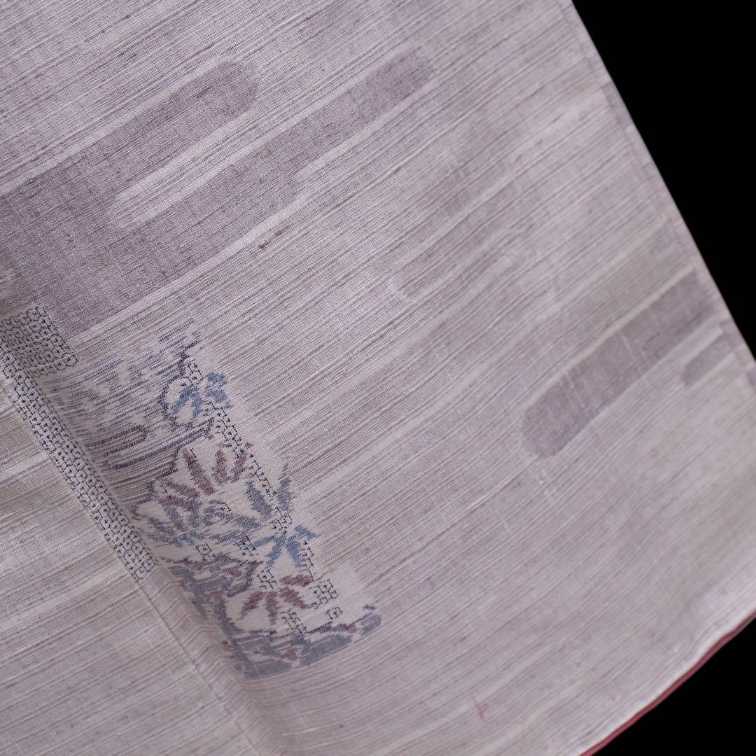 美品　ヱ霞に竹笹模様織り出し結城紬着物　石下/裄65 トールサイズ　生成りc81