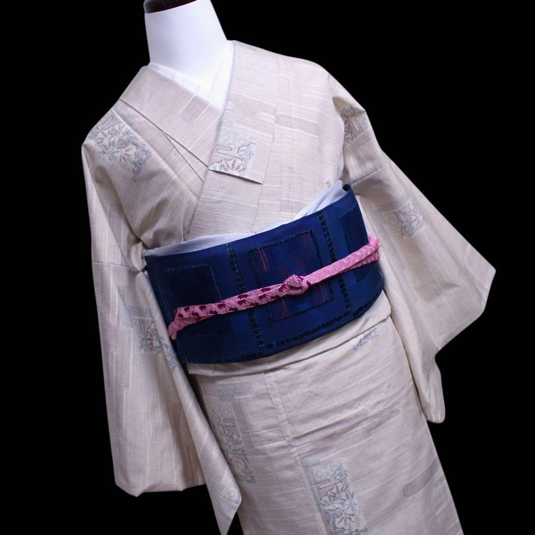 美品　ヱ霞に竹笹模様織り出し結城紬着物　石下/裄65 トールサイズ　生成りc81