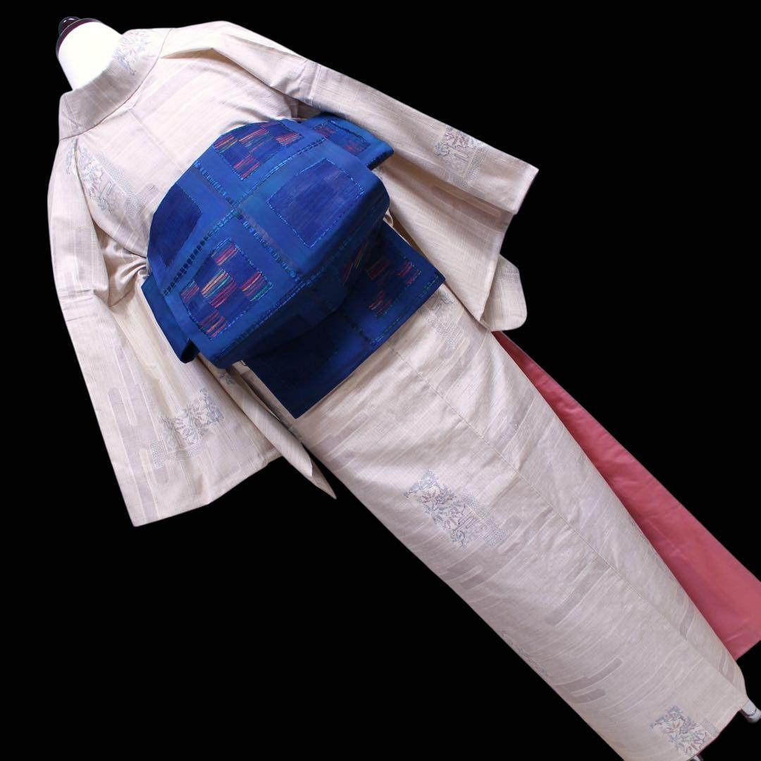 美品　ヱ霞に竹笹模様織り出し結城紬着物　石下/裄65 トールサイズ　生成りc81