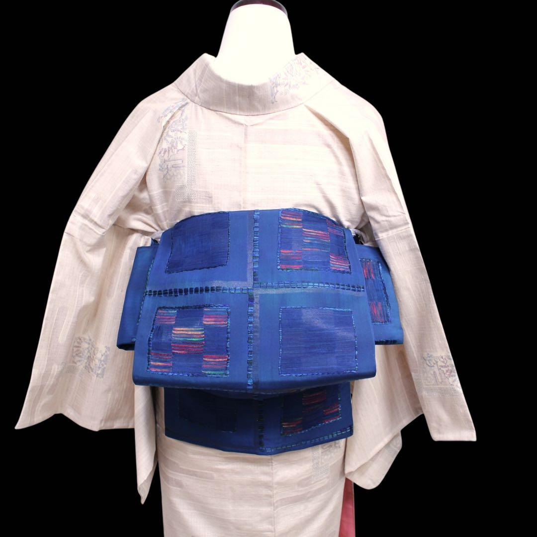 美品　ヱ霞に竹笹模様織り出し結城紬着物　石下/裄65 トールサイズ　生成りc81