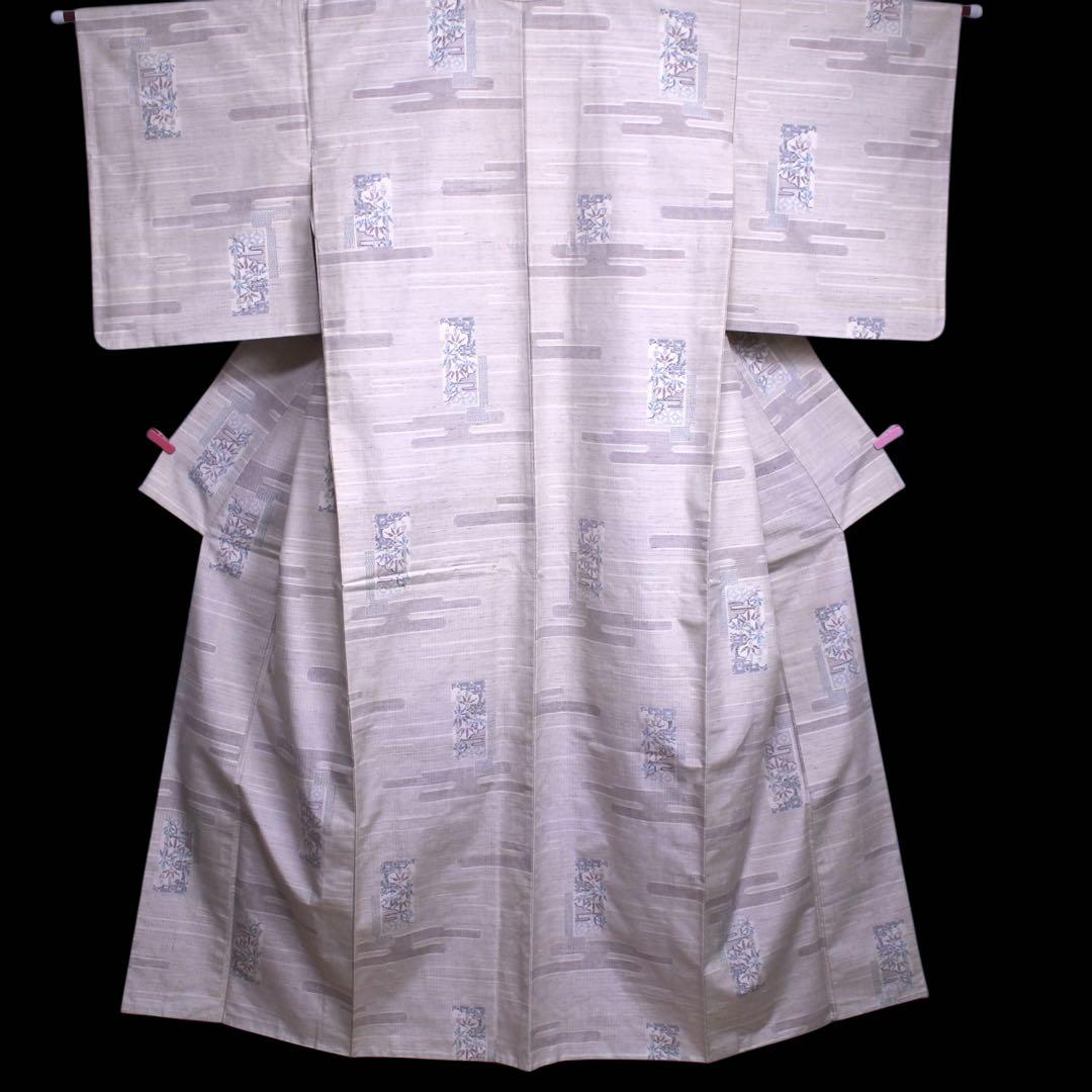 美品　ヱ霞に竹笹模様織り出し結城紬着物　石下/裄65 トールサイズ　生成りc81