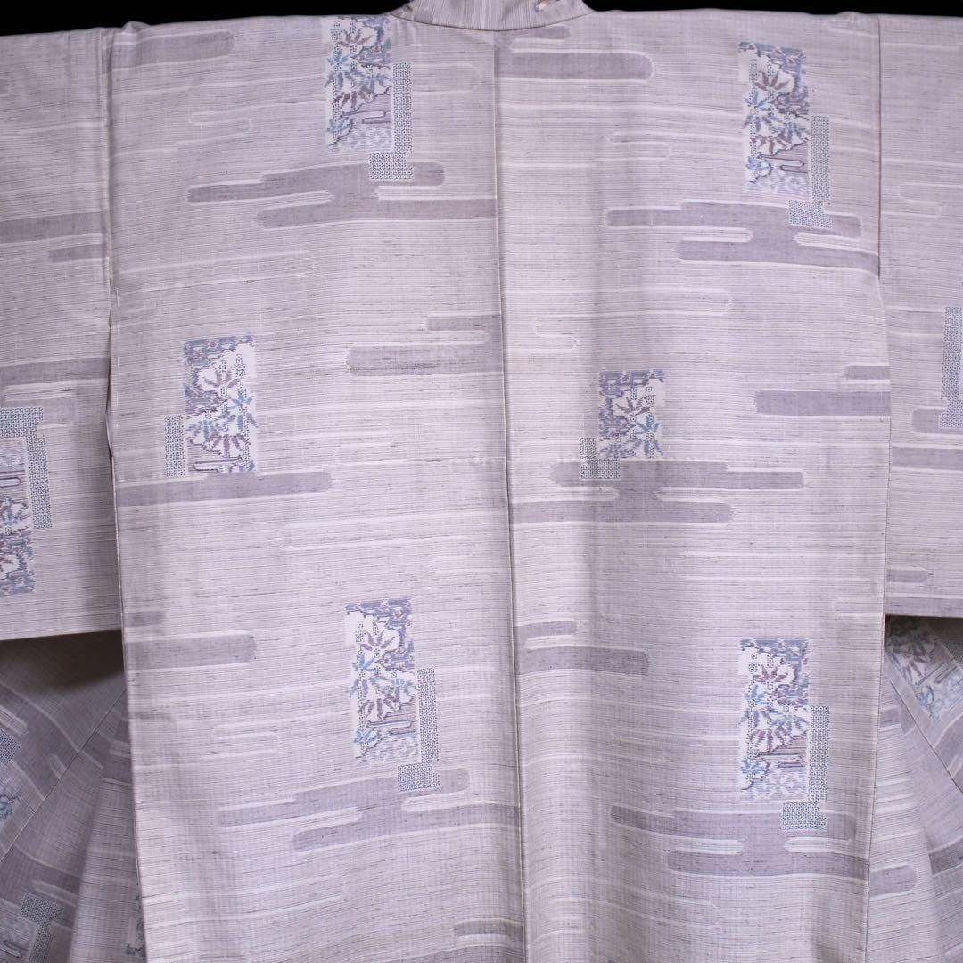 美品　ヱ霞に竹笹模様織り出し結城紬着物　石下/裄65 トールサイズ　生成りc81