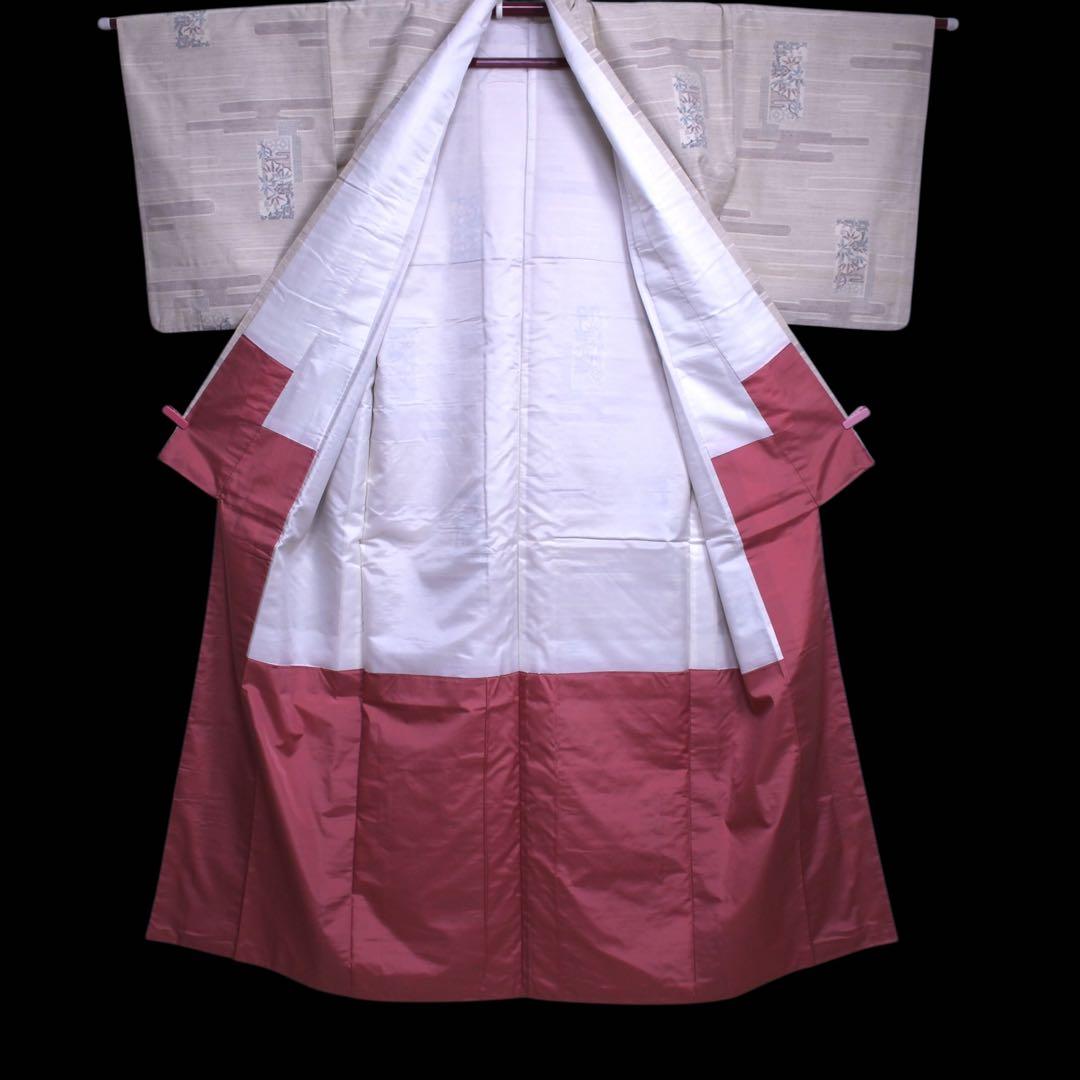 美品　ヱ霞に竹笹模様織り出し結城紬着物　石下/裄65 トールサイズ　生成りc81