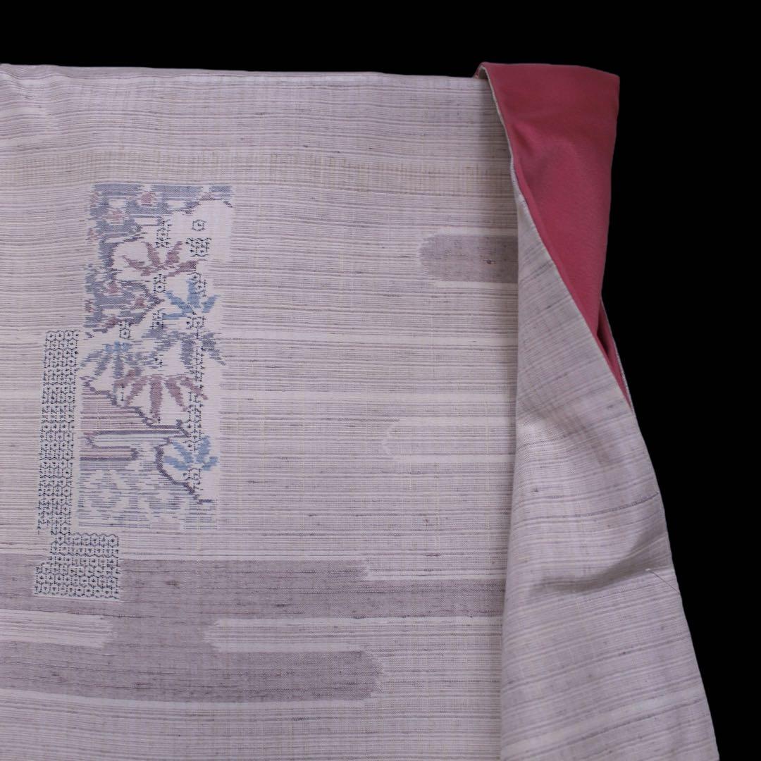 美品　ヱ霞に竹笹模様織り出し結城紬着物　石下/裄65 トールサイズ　生成りc81