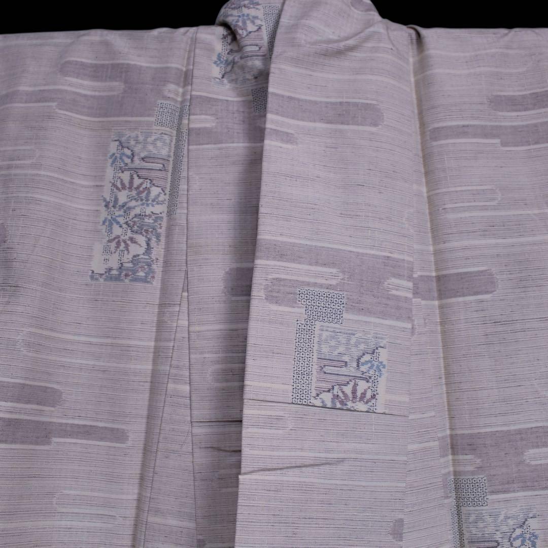 美品　ヱ霞に竹笹模様織り出し結城紬着物　石下/裄65 トールサイズ　生成りc81