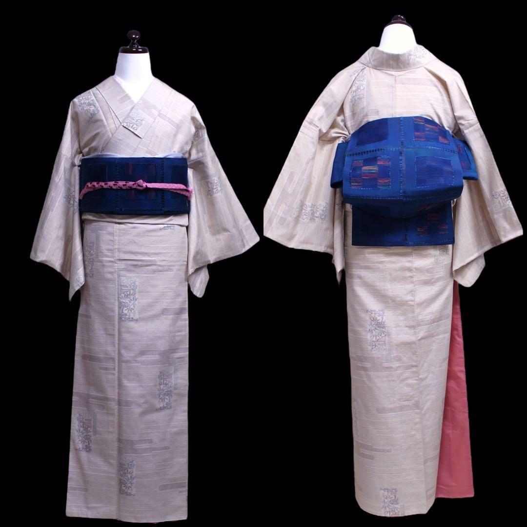 美品　ヱ霞に竹笹模様織り出し結城紬着物　石下/裄65 トールサイズ　生成りc81