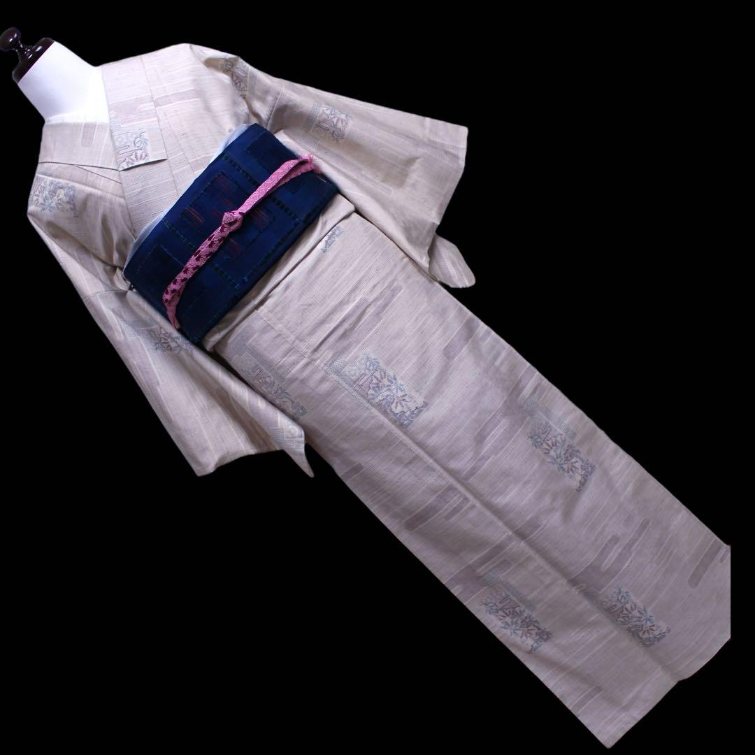 美品　ヱ霞に竹笹模様織り出し結城紬着物　石下/裄65 トールサイズ　生成りc81