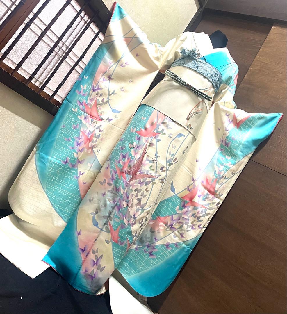 振袖 フルセット6点Ｌサイズ刺繍　舞蝶文　暈し染め　銀彩　正絹