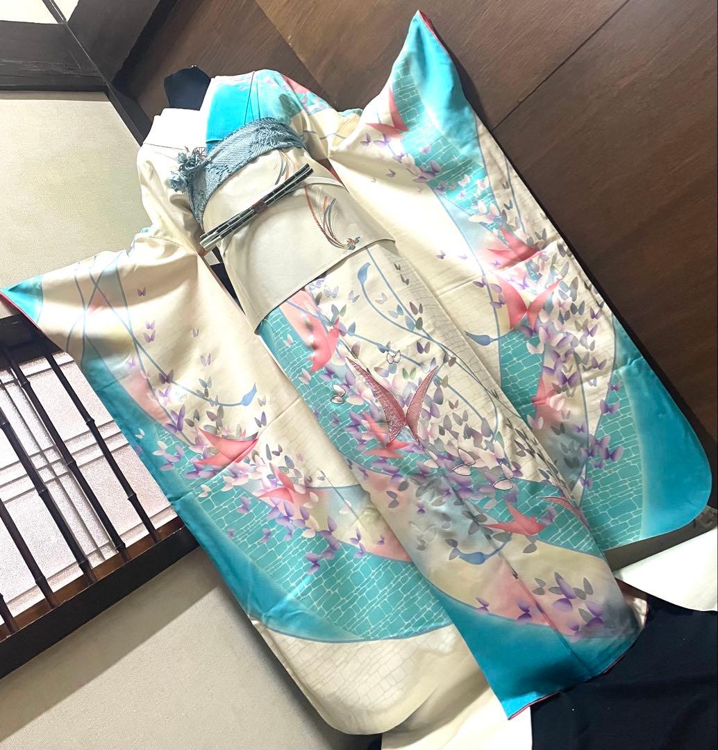 振袖 フルセット6点Ｌサイズ刺繍　舞蝶文　暈し染め　銀彩　正絹
