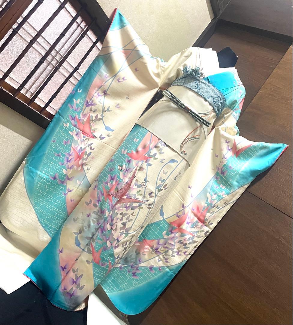 振袖 フルセット6点Ｌサイズ刺繍　舞蝶文　暈し染め　銀彩　正絹