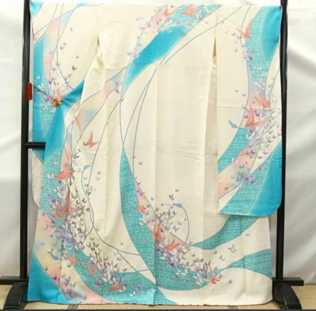 振袖 フルセット6点Ｌサイズ刺繍　舞蝶文　暈し染め　銀彩　正絹