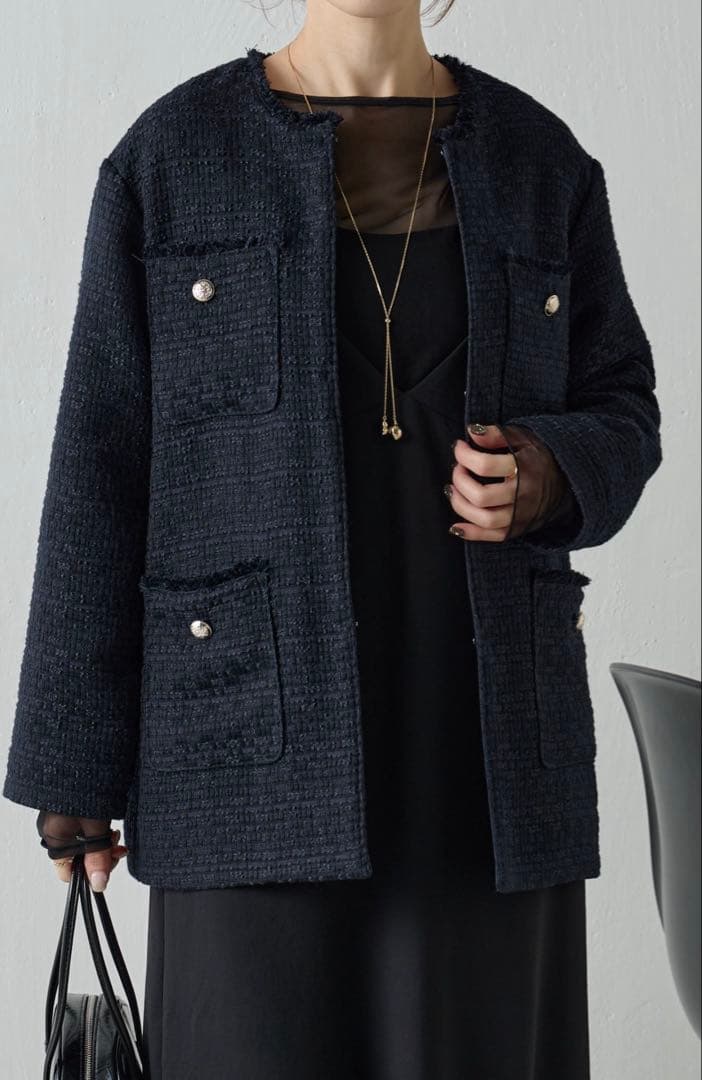 コラージュガリャルダガランテブラック ツイードノーカラージャケットオケージョン