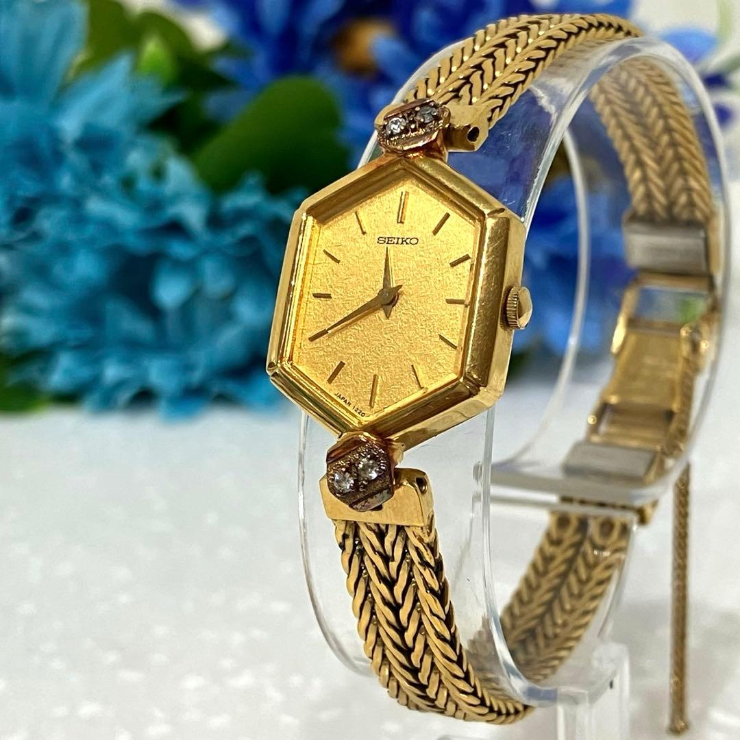SEIKO セイコー　4Pダイヤ　ゴールド 八角形 腕時計　電池新品