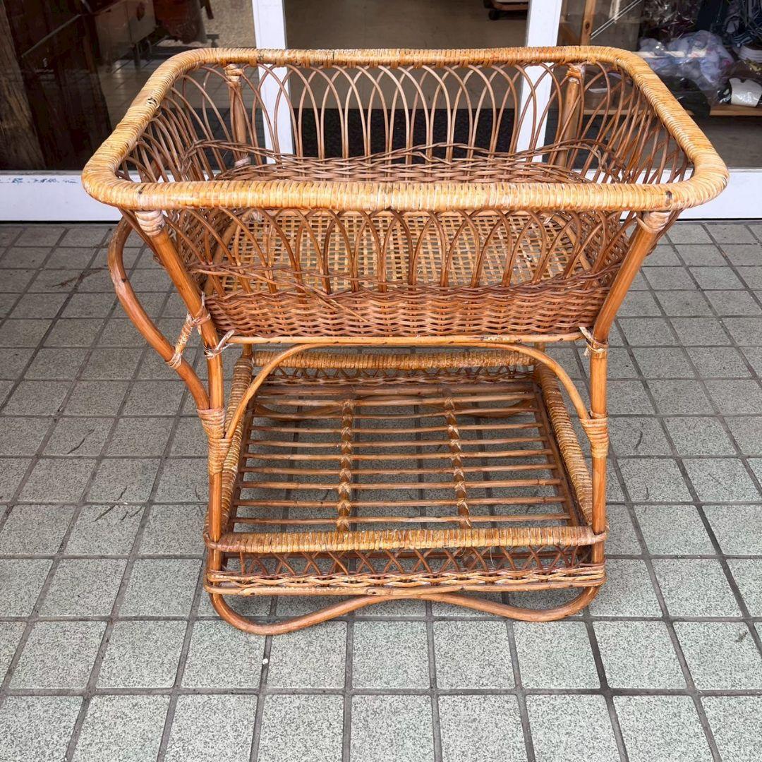 K◆アンティーク　ラタン　籐家具　ランドリーラック　2段　脱衣籠