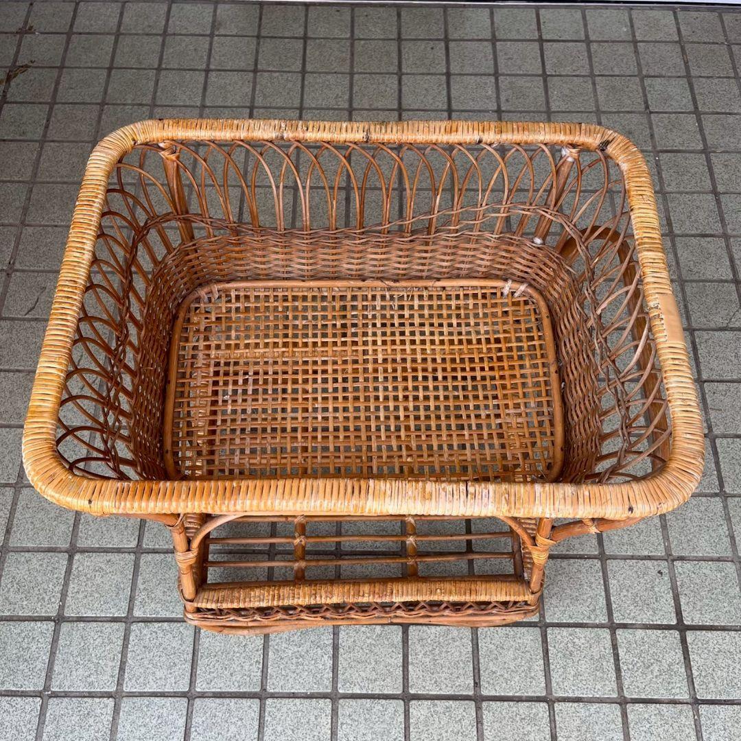 K◆アンティーク　ラタン　籐家具　ランドリーラック　2段　脱衣籠