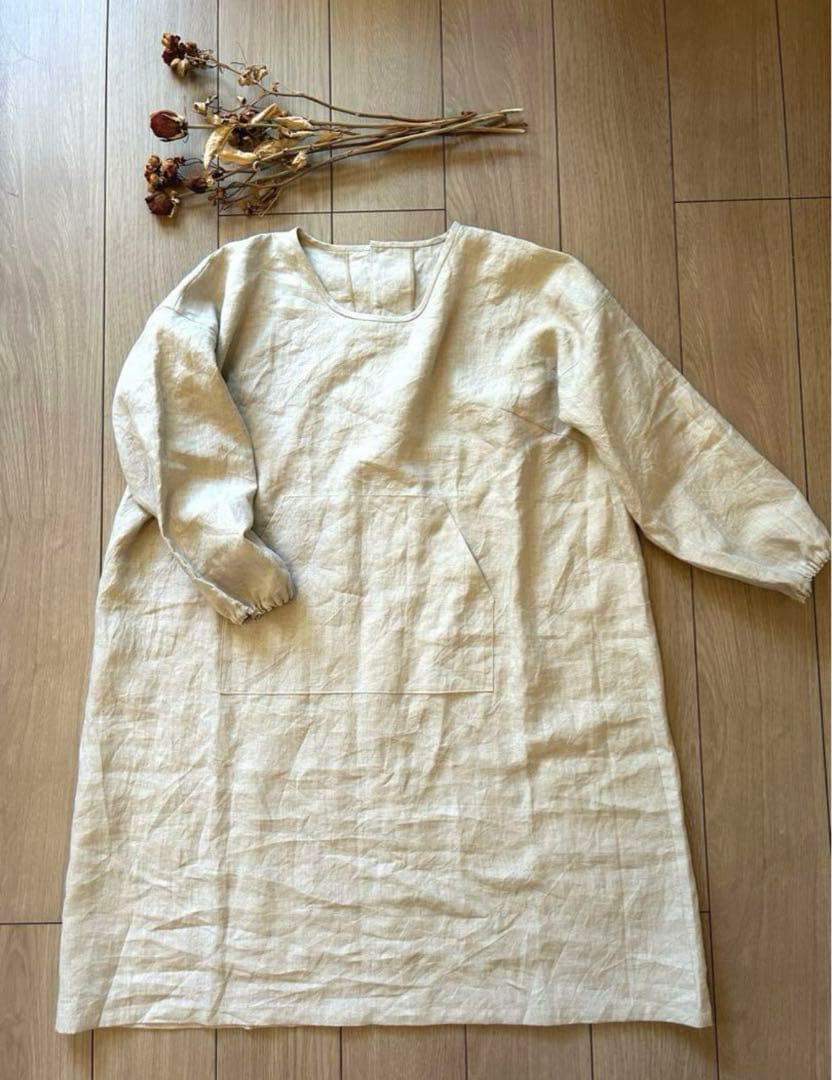 国産リネン生地　チュニック割烹着　キナリ　服作り40年の田舎町仕立屋