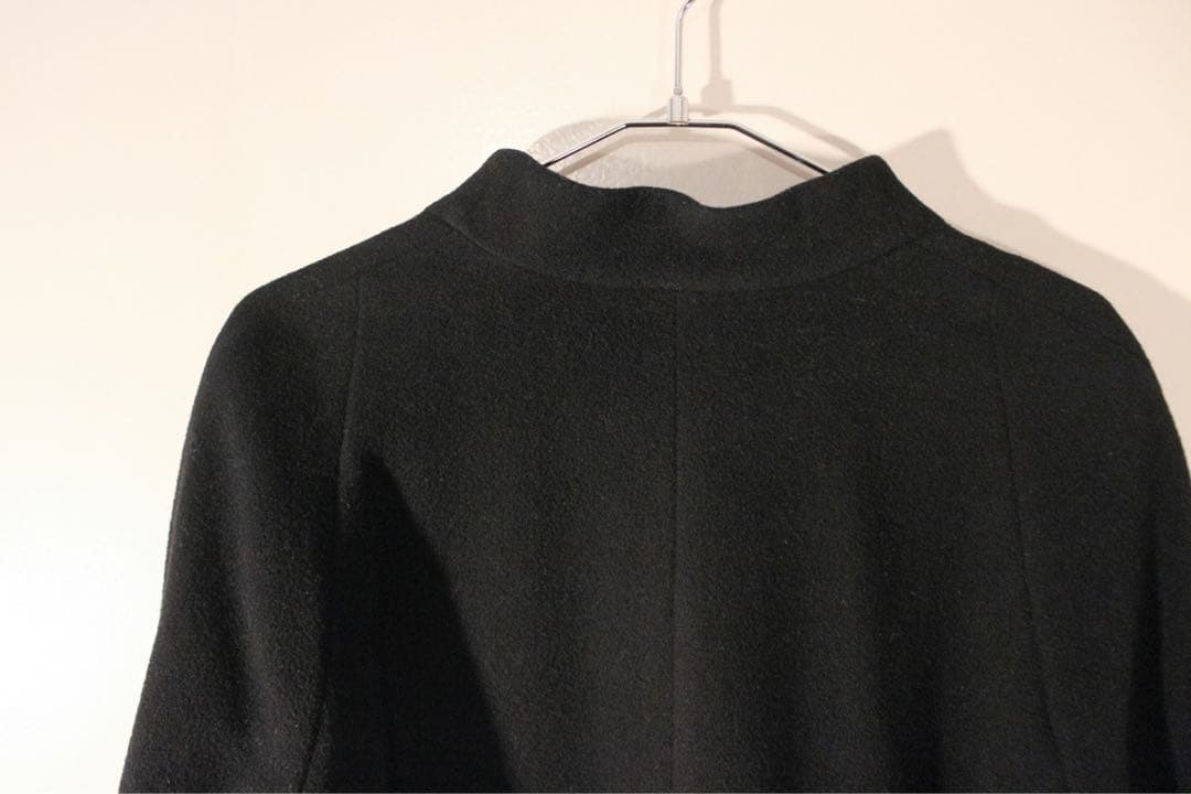 90s SANY ノーカラーコート ウール ショート タック ラグラン S-M黒