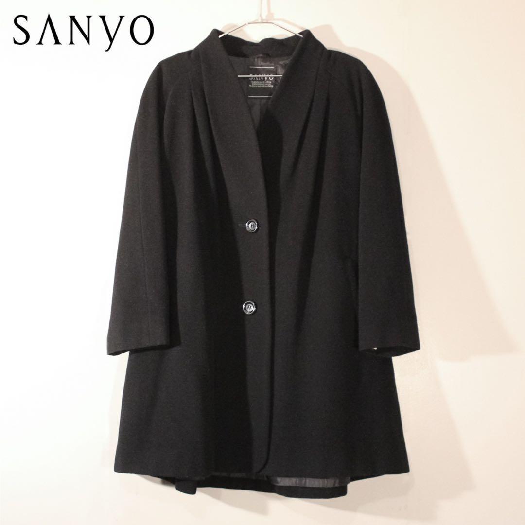90s SANY ノーカラーコート ウール ショート タック ラグラン S-M黒