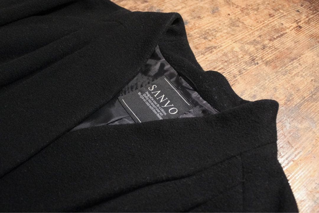 90s SANY ノーカラーコート ウール ショート タック ラグラン S-M黒