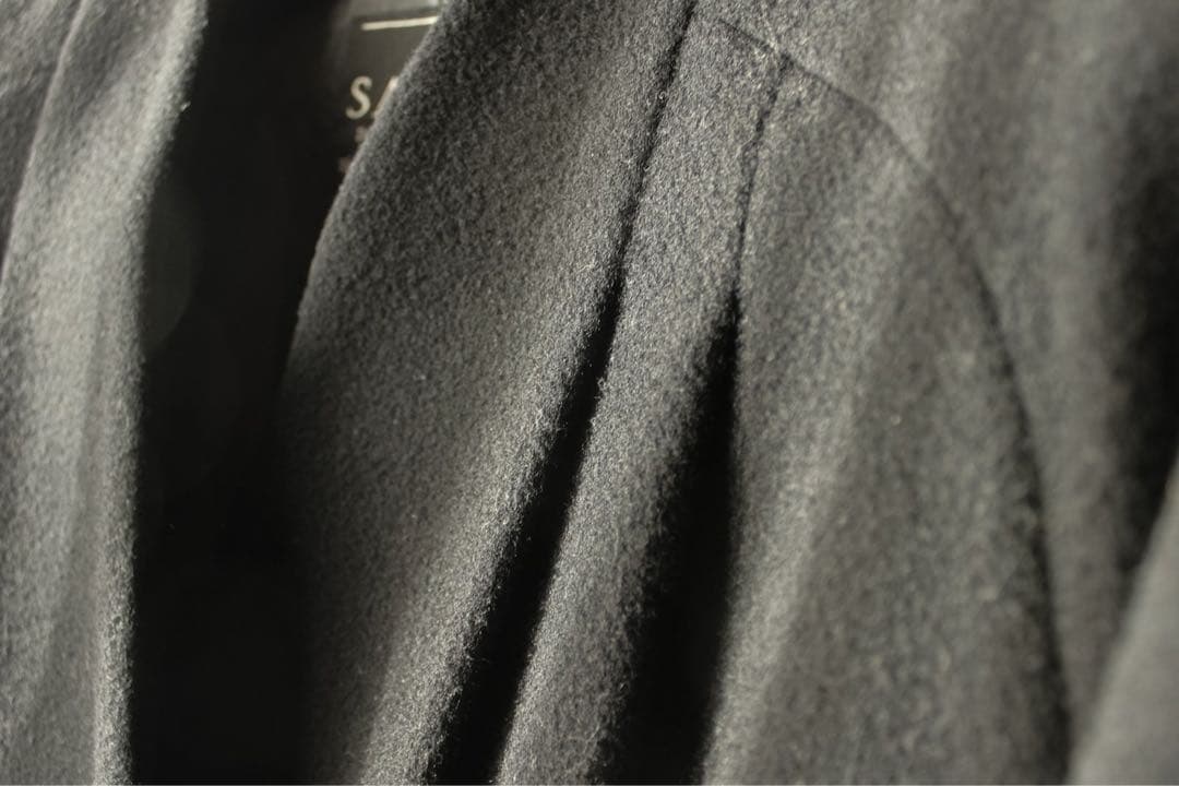 90s SANY ノーカラーコート ウール ショート タック ラグラン S-M黒