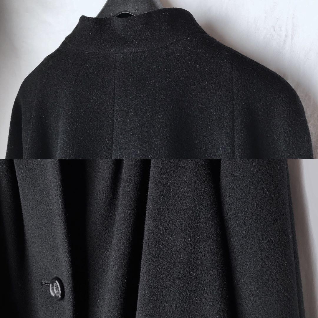90s SANY ノーカラーコート ウール ショート タック ラグラン S-M黒