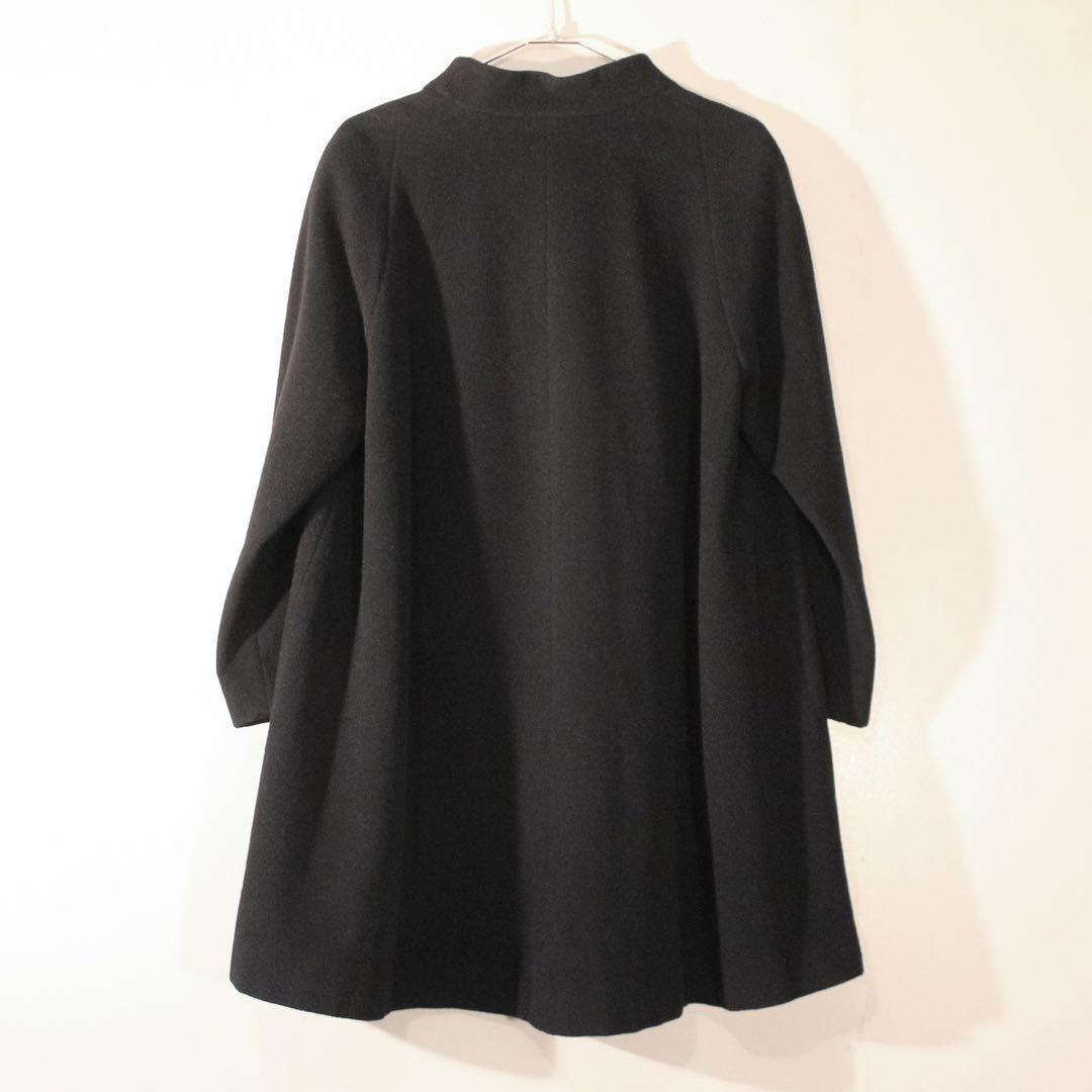 90s SANY ノーカラーコート ウール ショート タック ラグラン S-M黒