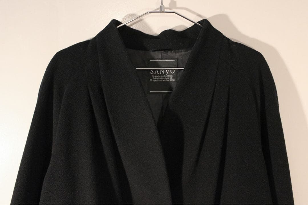 90s SANY ノーカラーコート ウール ショート タック ラグラン S-M黒