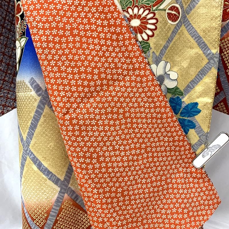 507ag52□七五三 七歳 女児 着物&袋帯 金彩 花 蝶 青□状態良好