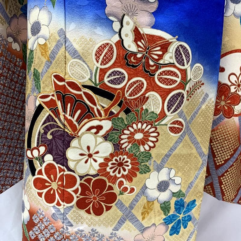 507ag52□七五三 七歳 女児 着物&袋帯 金彩 花 蝶 青□状態良好