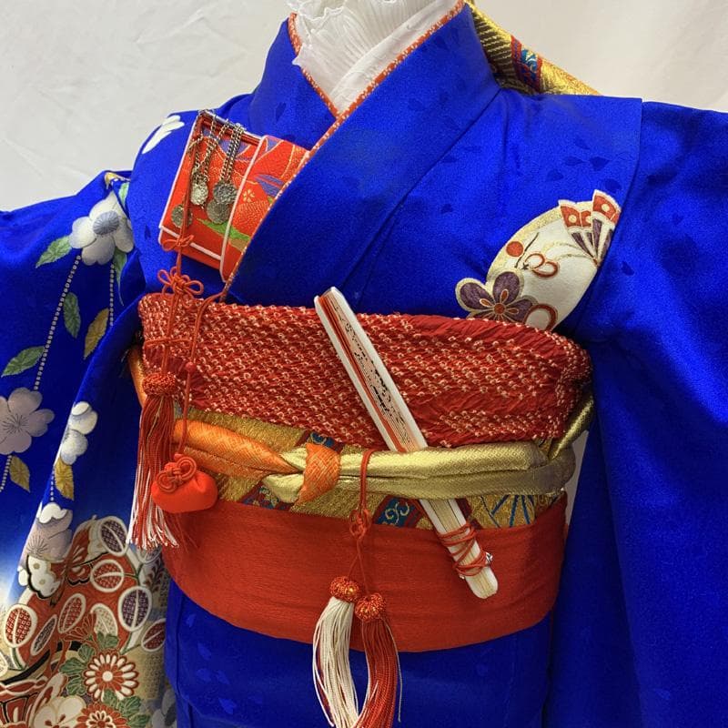 507ag52□七五三 七歳 女児 着物&袋帯 金彩 花 蝶 青□状態良好