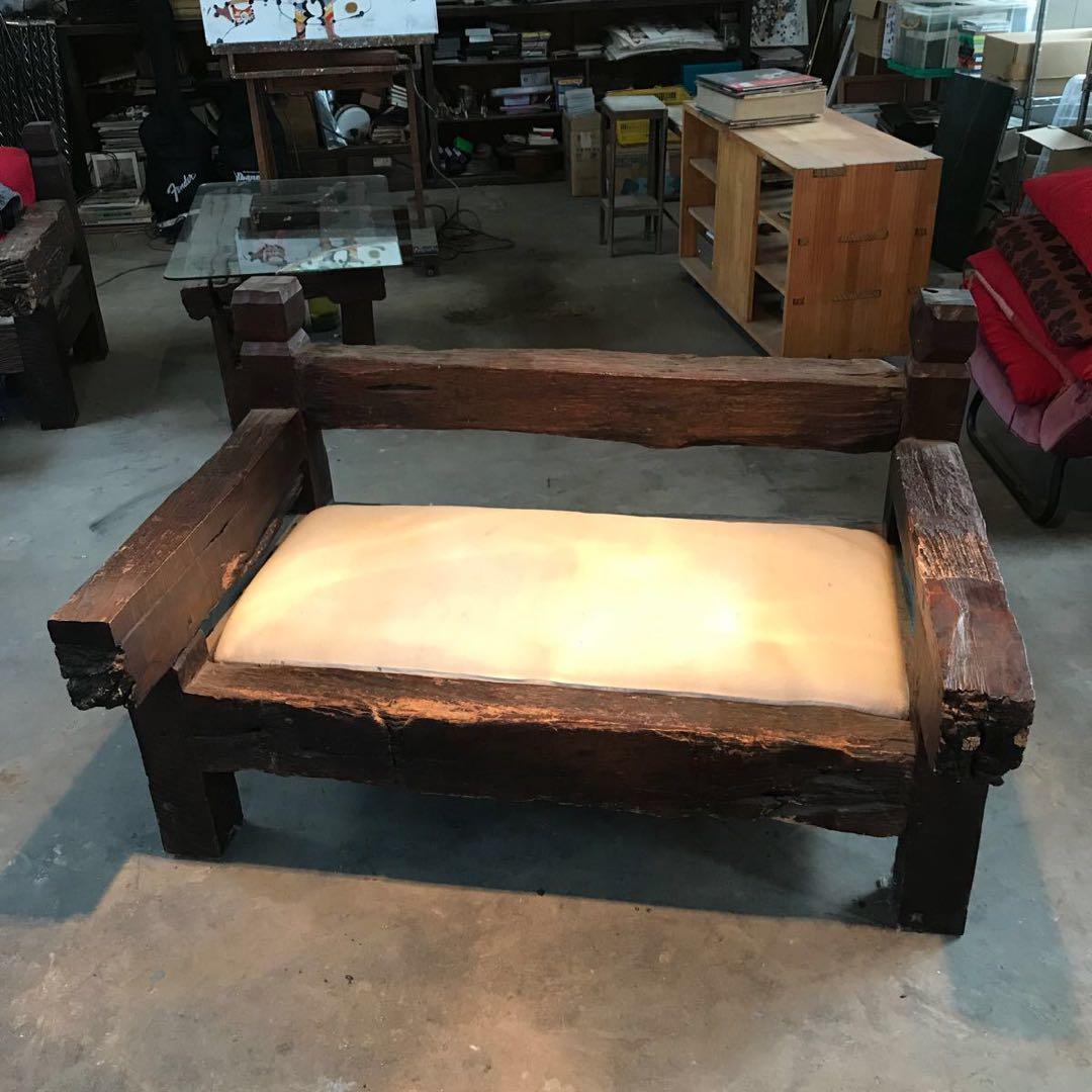 o*様 珍品 線路の枕木で作られた2人掛けソファー 重量木 天然木 アンティーク