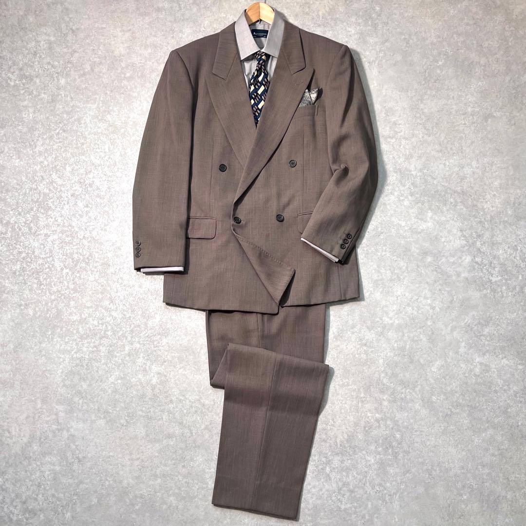 90s ヴィンテージ ダブルスーツ 古着セットアップ 成人式 ブラウン XL相当