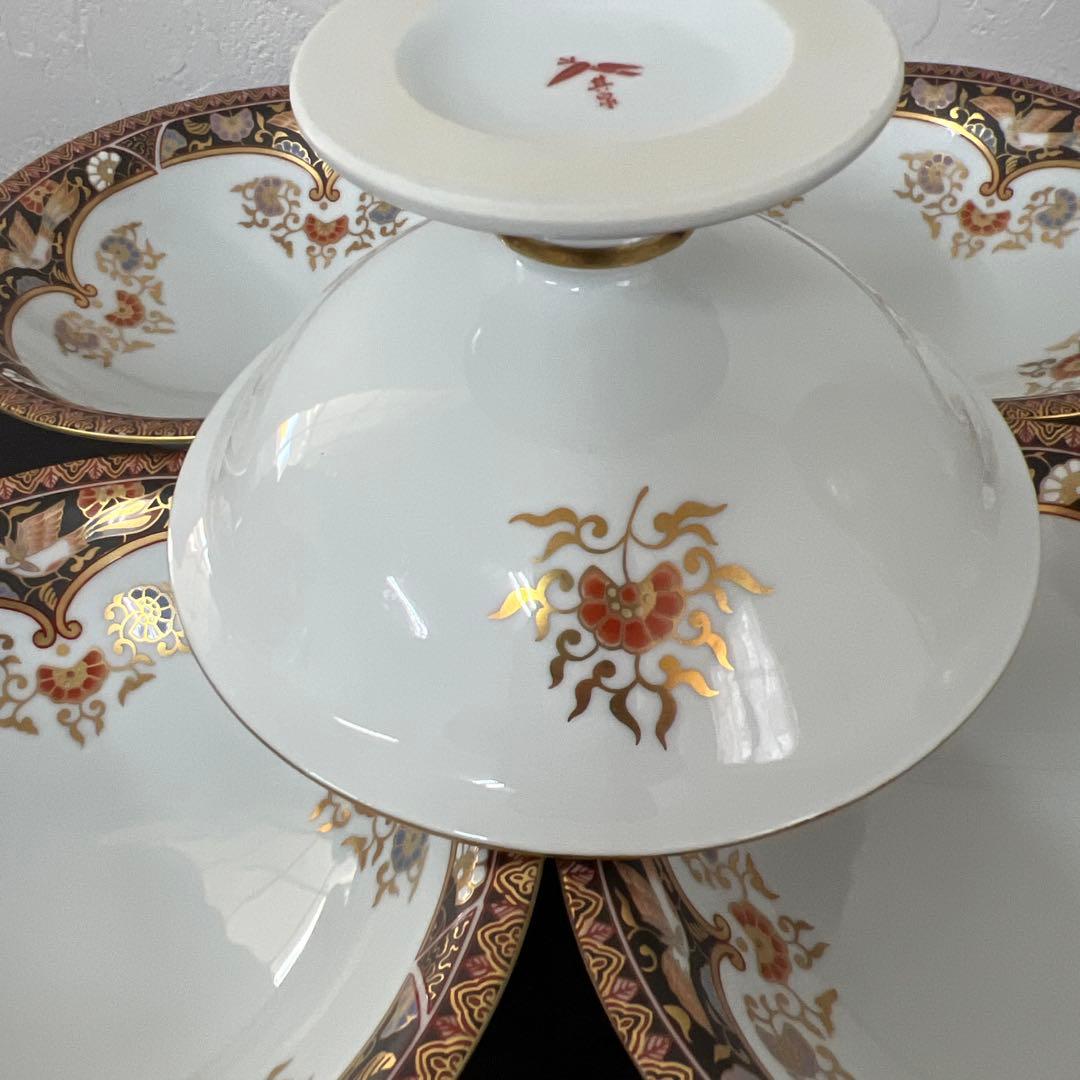 其泉窯 錦黒外濃金海松鳳凰文 明治伊万里 高台皿５枚セット