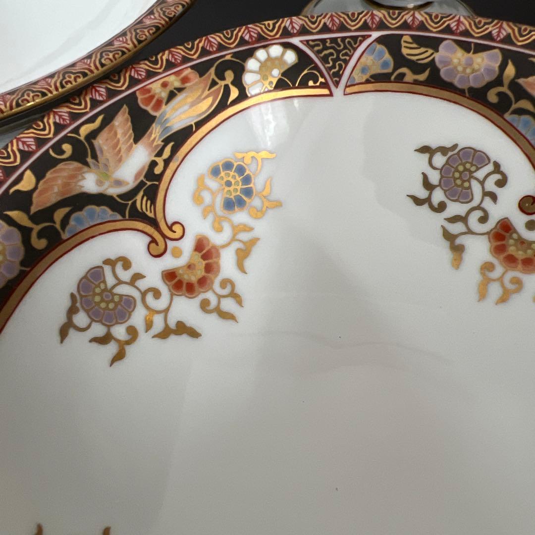 其泉窯 錦黒外濃金海松鳳凰文 明治伊万里 高台皿５枚セット