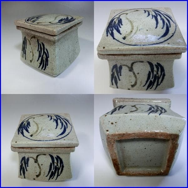 蓋物■柳の絵 古い染付貫入鉢 蓋鉢 四角 時代物 骨董品 古美術■