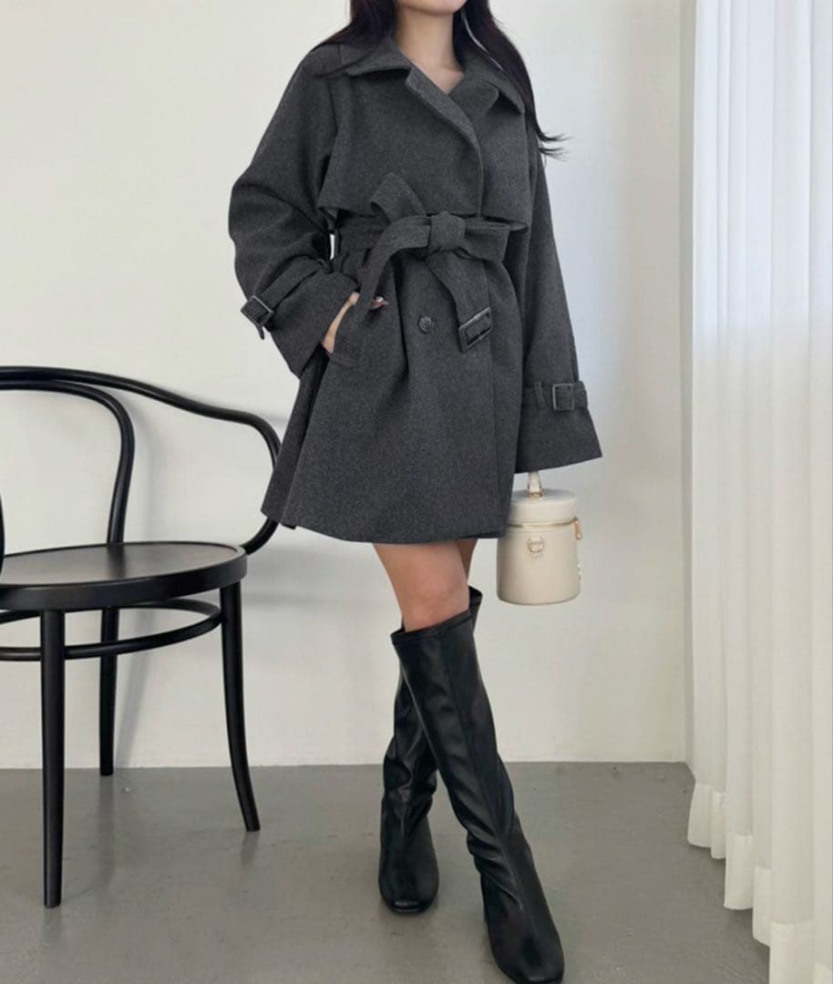 NICE CLAUPスタンドカラーミドルコート グレー S