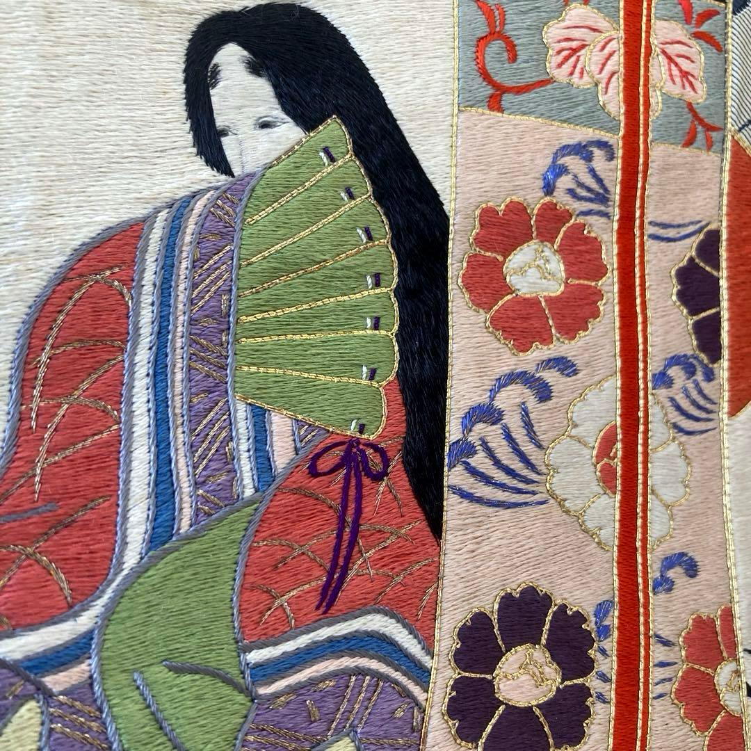 アンティーク名古屋帯　百人一首の刺繍　グレー　大正　正絹　N6-25