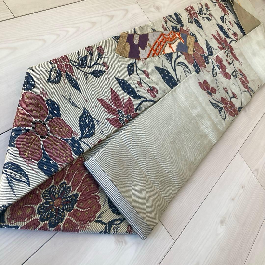 アンティーク名古屋帯　百人一首の刺繍　グレー　大正　正絹　N6-25