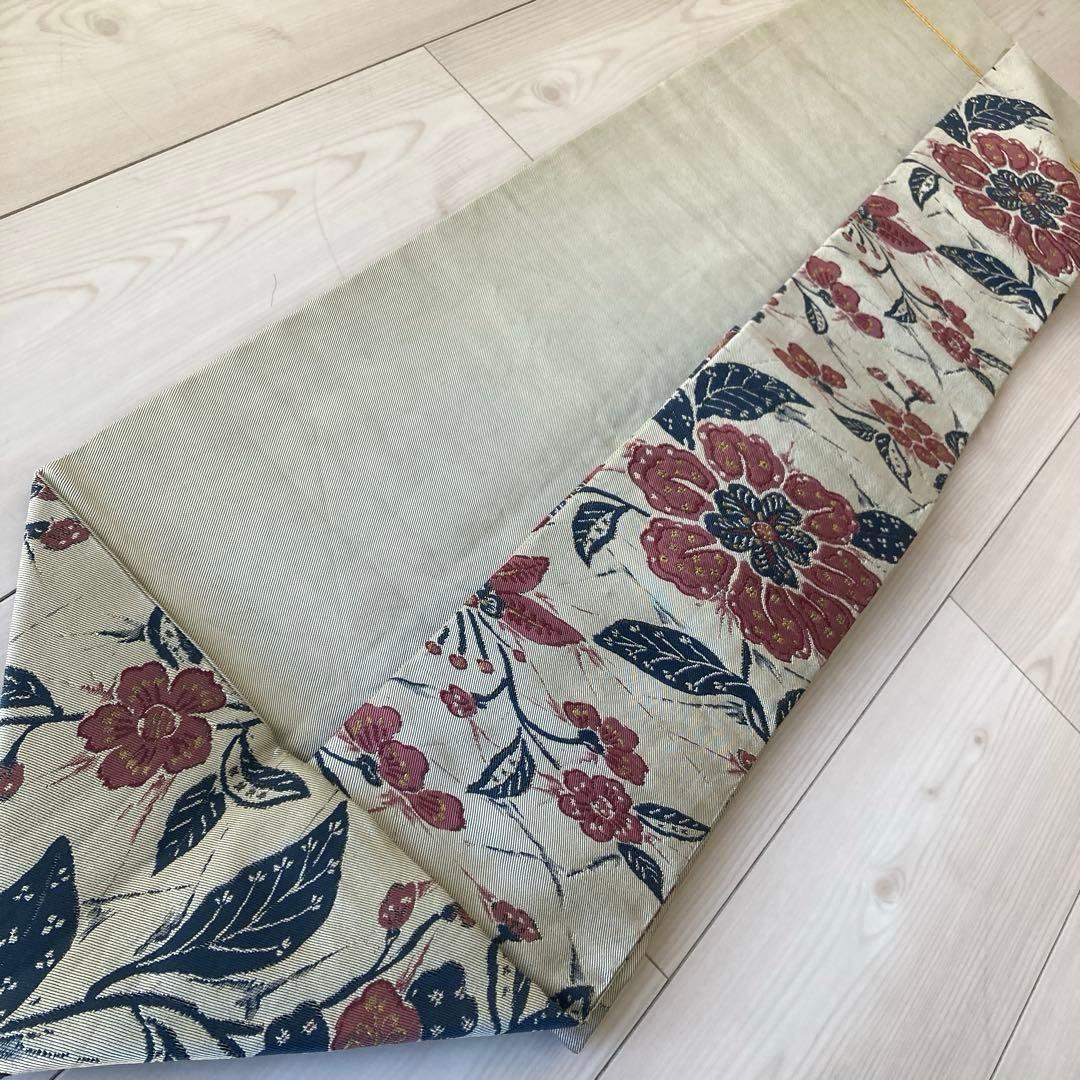 アンティーク名古屋帯　百人一首の刺繍　グレー　大正　正絹　N6-25