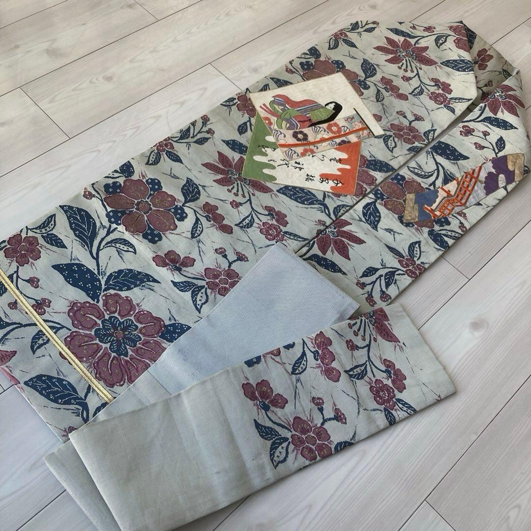 アンティーク名古屋帯　百人一首の刺繍　グレー　大正　正絹　N6-25